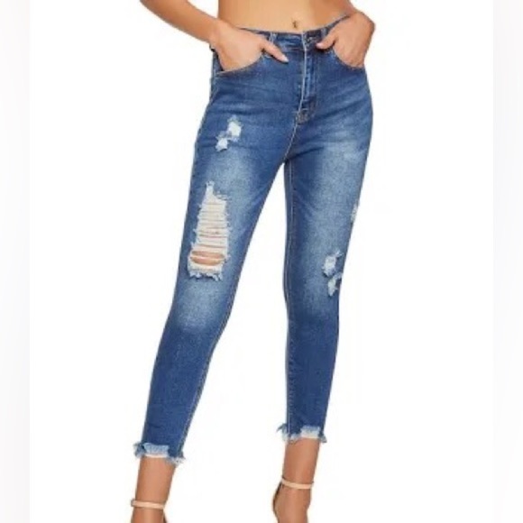 Wax Jeans Los Angeles Distressed Raw Hem Jeans in True Blue - Picture 1 of 10